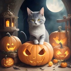 A spooky yet charming cat with a pumpkin for a head emerges from a dreamy watercolor backdrop