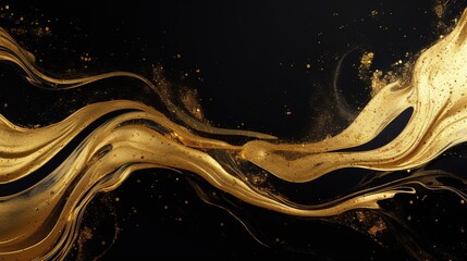 Abstract luxury swirling black gold background. Gold liquid paint background. Gold waves abstract background texture. - obrazy, fototapety, plakaty