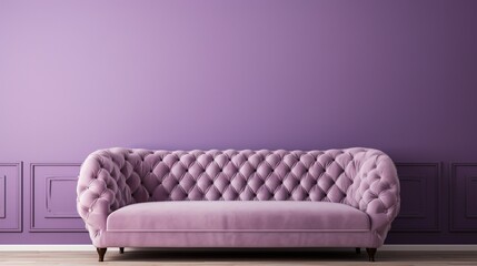 A tufted fabric sofa in front of a lavender solid color pattern wall.