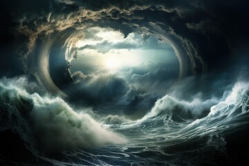 Apocalyptic dramatic background, giant tsunami waves, dark stormy sky, Tornado - obrazy, fototapety, plakaty