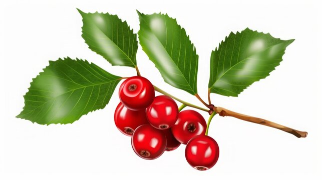 A sprig, three leaves, of green holly and red berries for Christmas decoration, white background, 16:9