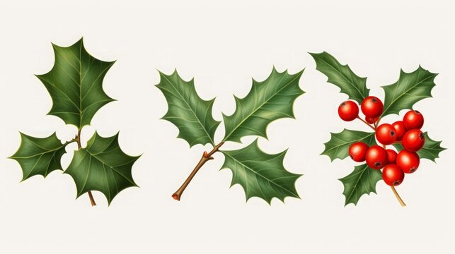 A sprig, three leaves, of green holly and red berries for Christmas decoration, white background, 16:9