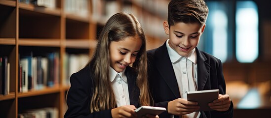 Students in library using tablet with school uniform.