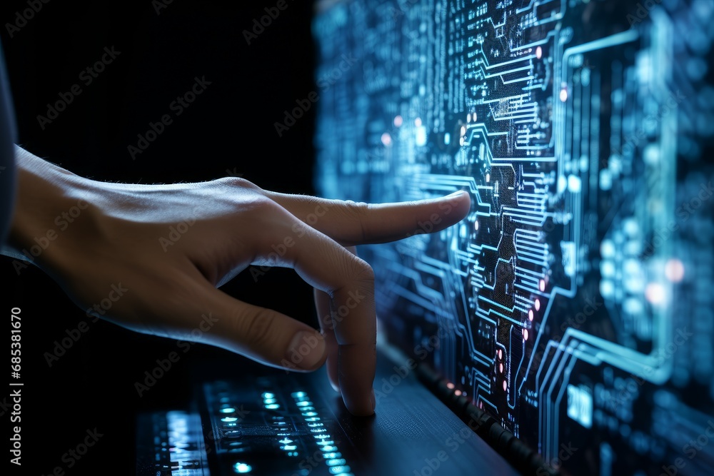 Poster unyielding hand of robot touch. coding monitor science. generate ai