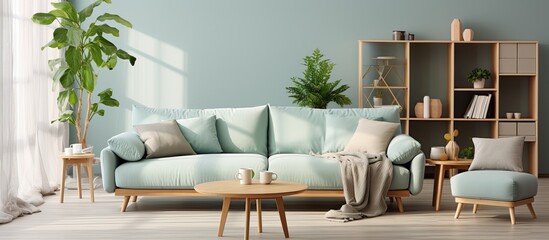 Ready-to-use Scandinavian living room interior with a mint sofa, furniture, decor, and personal accessories.