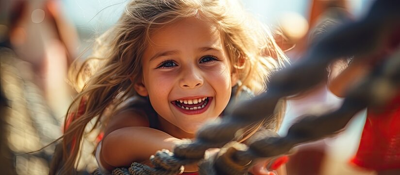 Playground girl climbing rope net, smiling.