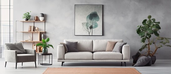 Scandinavian living room with grey velvet sofa, cube, furniture, plants, carpet, decoration, and mock-up poster frames. Template.