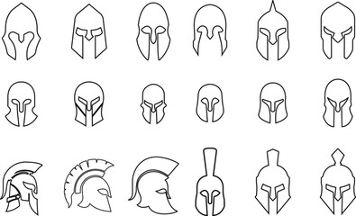 spartan helmet icon in line style set isolated on transparent background use for safety Greek gladiator design elements emblems create for logo, label, sign, symbol. Vector for apps and website - obrazy, fototapety, plakaty