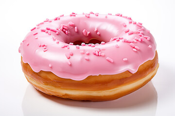 Pink donut with sprinkles on white background