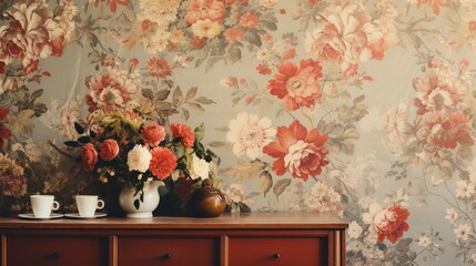 Fototapeta na wymiar A wall with a vintage floral pattern, adding a touch of nostalgia to the space.