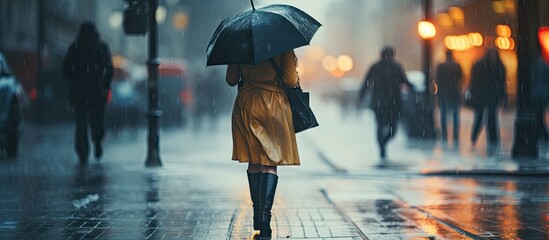Woman walking in bad rainy weather, holding umbrella against strong wind. Urban landscape during rainfall.