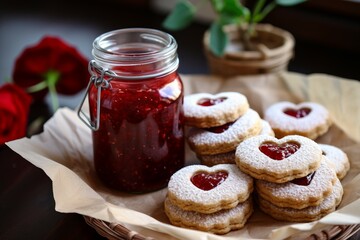 Obraz na płótnie Canvas Delicious Hearts jam cookies valentines day. Sweet tasty. Generate Ai
