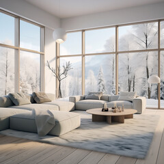 Grey cozy sofas  in scandinavian  modern living room with  nice view and large windows . home interior design .