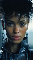 Afro American woman closeup with curly hair wearing black jacket