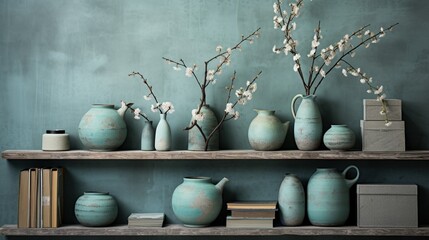 Aesthetic balance, weathered books and intricately designed vases on a Japanese-style wall in soothing aqua tones. - obrazy, fototapety, plakaty