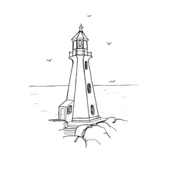 Monochrome hand drawn illustration of lighthouse with beacon on seashore. Island in the ocean with cliffs. Seascape with signal building