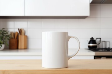 Fototapeta na wymiar white empty mug on the background of a kitchen