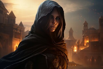 Mysterious Hooded warrior woman. Face knight female. Generate Ai