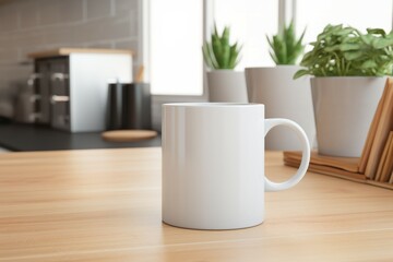 white empty mug on the background of a kitchen