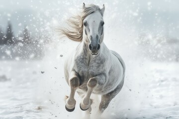 Obraz na płótnie Canvas Snowy Cute horse in winter snow. Pet mammal. Generate Ai