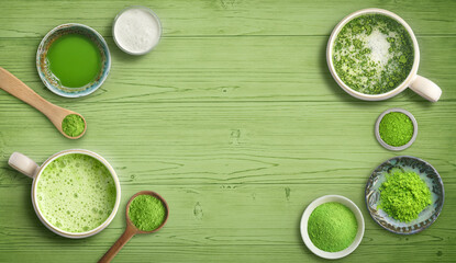 Matcha latte tea grouping or gathering with raw matcha and coconut milk and empty space in middle