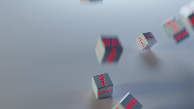 PFAS cubes fall from the top on the surface. Conceptual 3D animation.