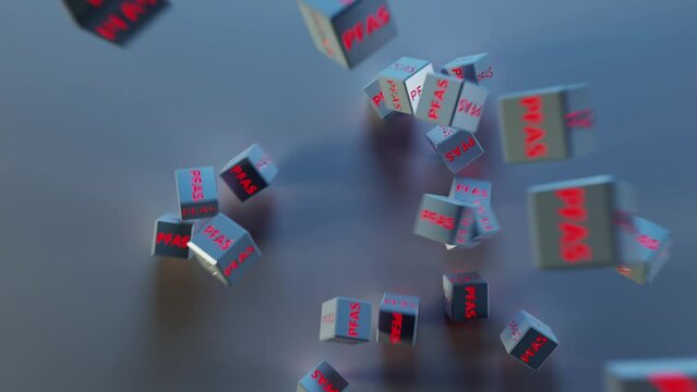 PFAS cubes fall from the top on the surface. Conceptual 3D animation.