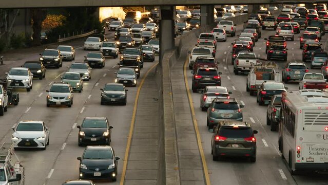 Looking Over Los Angeles Downtown Freeway Sunset Traffic Telephoto Time Lapse California USA