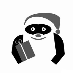 Santa Sloth with a smile and a cute cap, holding a present. Isolated on white. Black icon type illustration. Grey and Black