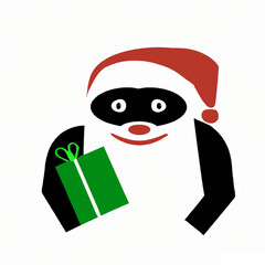 Santa Sloth with a smile and a cute red cap, holding a present. Isolated on white. Red, green and black icon type illustration.