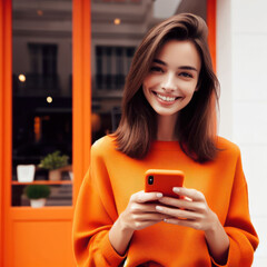happy young attractive fashionable woman wearing orange clothes