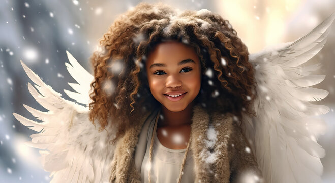 portrait of cute little angel  in the snow