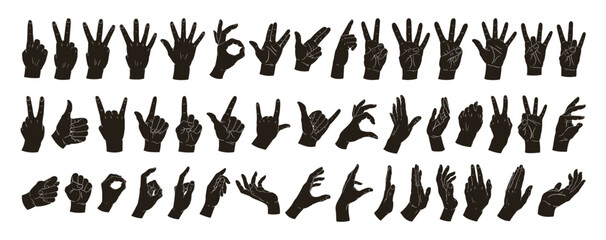 Gestures silhouettes. Human hands signs, okay, peace, heart, call position. Cartoon hand palms gestures flat vector illustration set. Hands signs silhouettes - obrazy, fototapety, plakaty