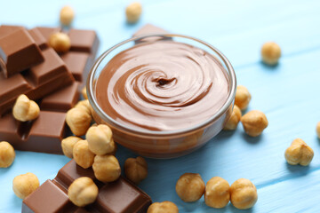 chocolate paste with a bowl on a table. 