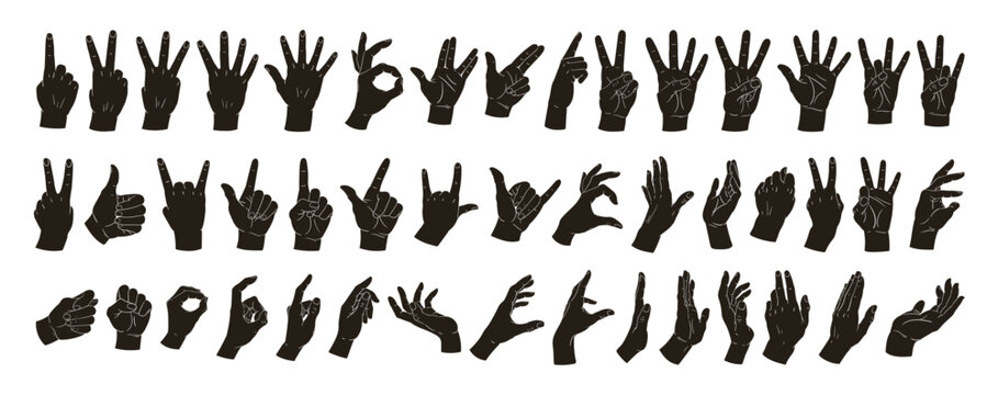 Gestures silhouettes. Human hands signs, okay, peace, heart, call position. Cartoon hand palms gestures flat vector illustration set. Hands signs silhouettes