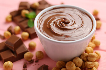 chocolate paste with a bowl on a table. 