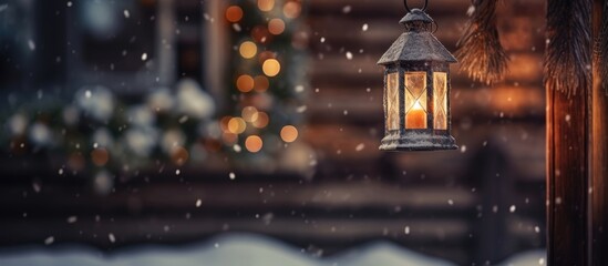 Snow-covered lantern hanging from a wooden rural house with Christmas lights. - obrazy, fototapety, plakaty