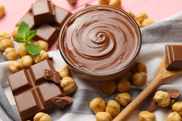 chocolate paste with a bowl on a table. 