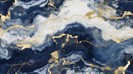 Seamless rich blue marble texture with swirling white and gold