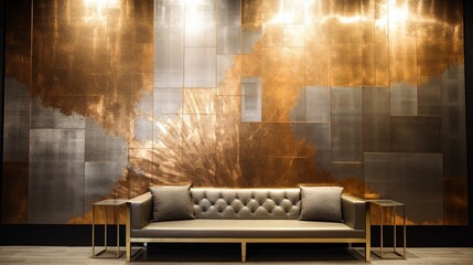 Layers of gold and silver metallic hues shining on a 3D wall, creating an elegant atmosphere.