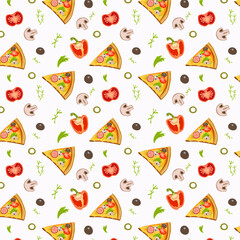 Pattern with pizza, bell pepper, tomato and mushrooms