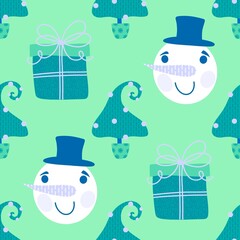 Cartoon winter seamless pattern with Christmas tree packaging and new year
