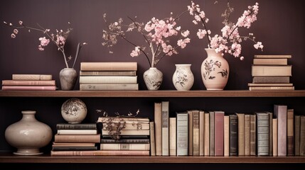 Muted sophistication , old books and intricate vases arranged against a pale mauve Japanese-style wall.