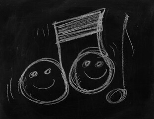 Icon cheerful musical notes, hand draw chalk on chalkboard, blackboard texture
