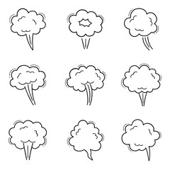 Smoke, boom bubble, steam doodle set. Comic speed cloud, explosion, blow wind, smoke puffs in sketch style. Hand drawn vector illustration isolated on white background