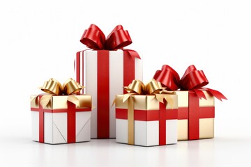 Obraz premium Three Festive Gift Boxes Adorned with Red and Gold Bows
