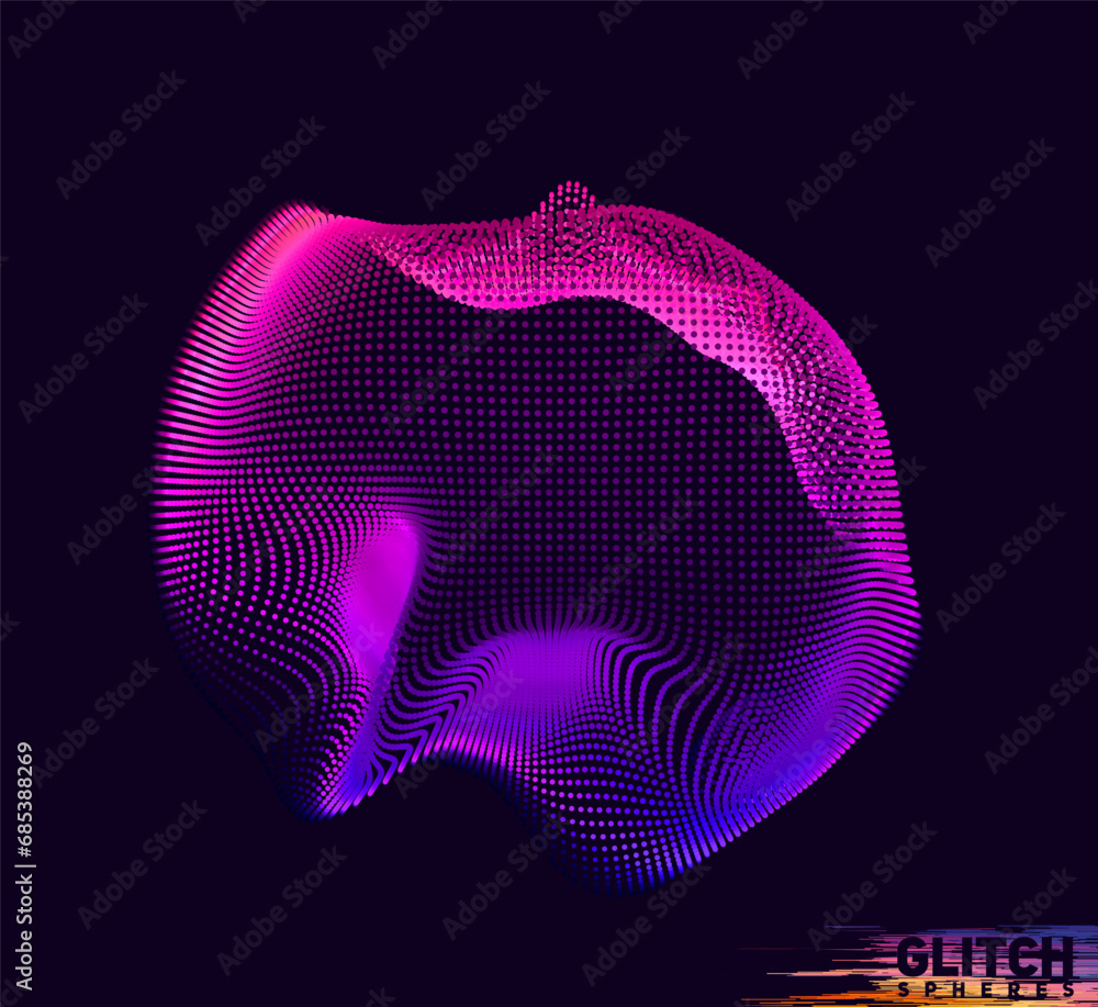 Poster corrupted violet point sphere. abstract vector colorful mesh on dark background. futuristic style ca