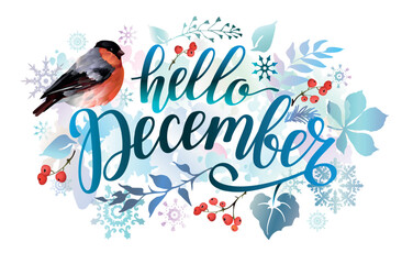 Hello December banner with bullfinch bird, leaves, snowflakes, berries and lettering inscription. Winter background.