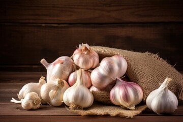 A Heap of Fresh Garlic on a Rustic Wooden Table