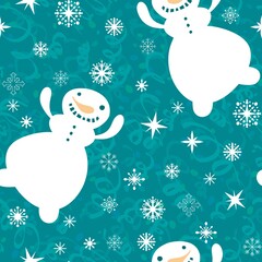 Cartoon winter ice seamless snowman and snowflakes pattern for Christmas packaging and new year